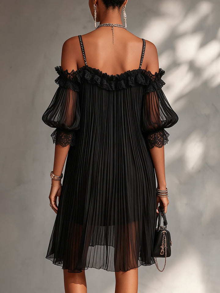 Vittoria | Black mini dress in muslin with off-the-shoulder design and lace trim