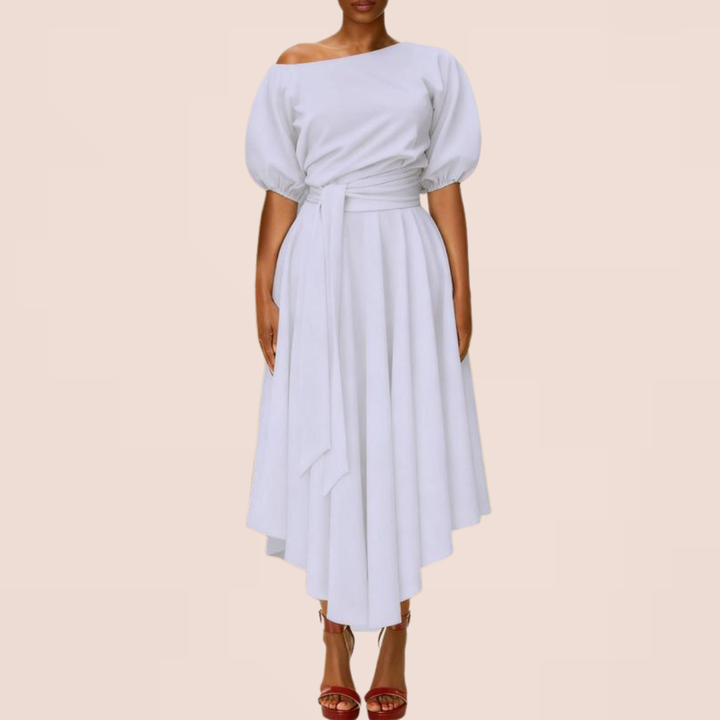 ZEBY™ - Elegant Women's Belted Bishop Sleeve Boat Neck A-Line Dress