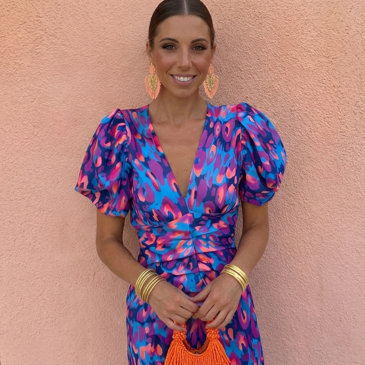 Juliette | Puff Sleeve Print Midi Dress