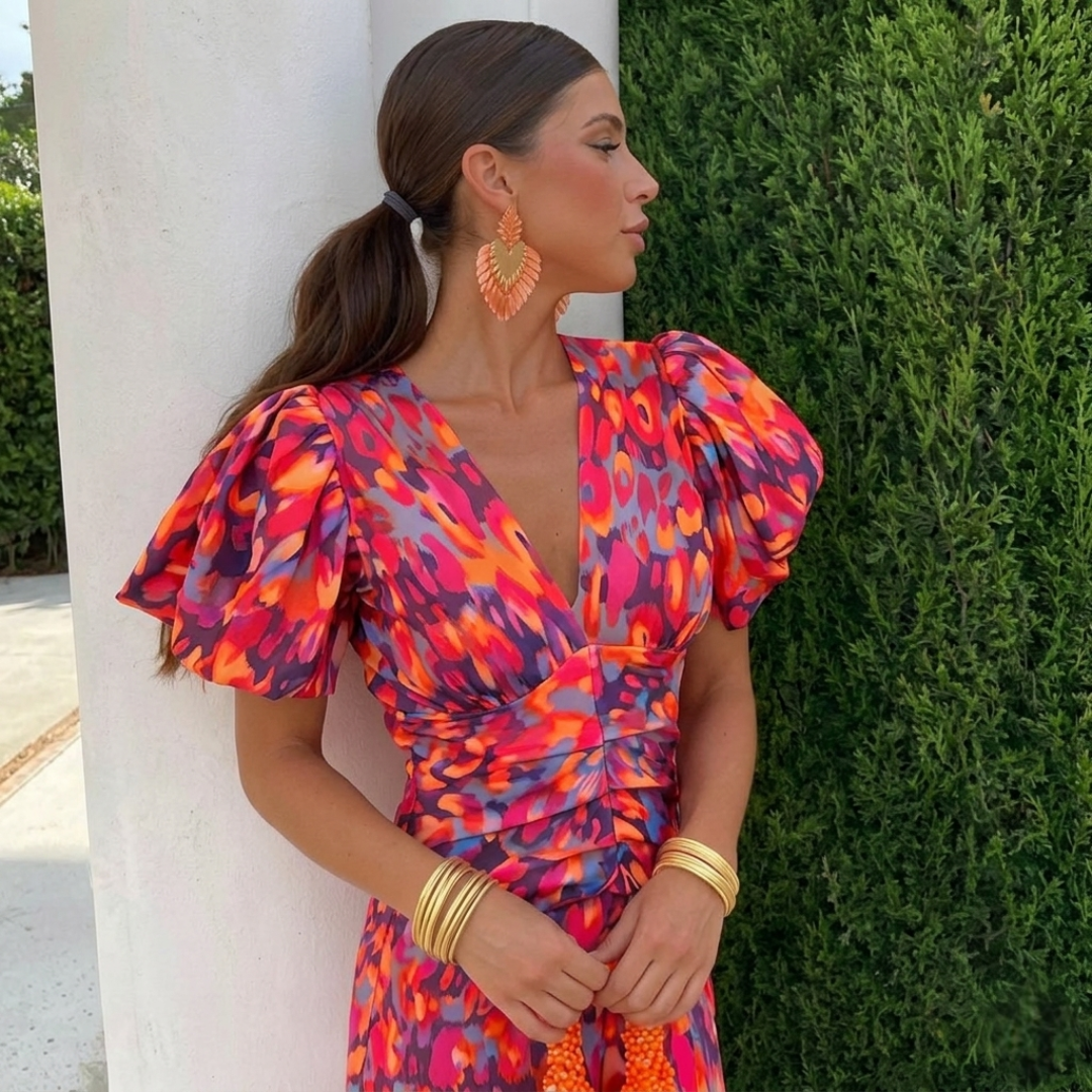 Juliette | Puff Sleeve Print Midi Dress