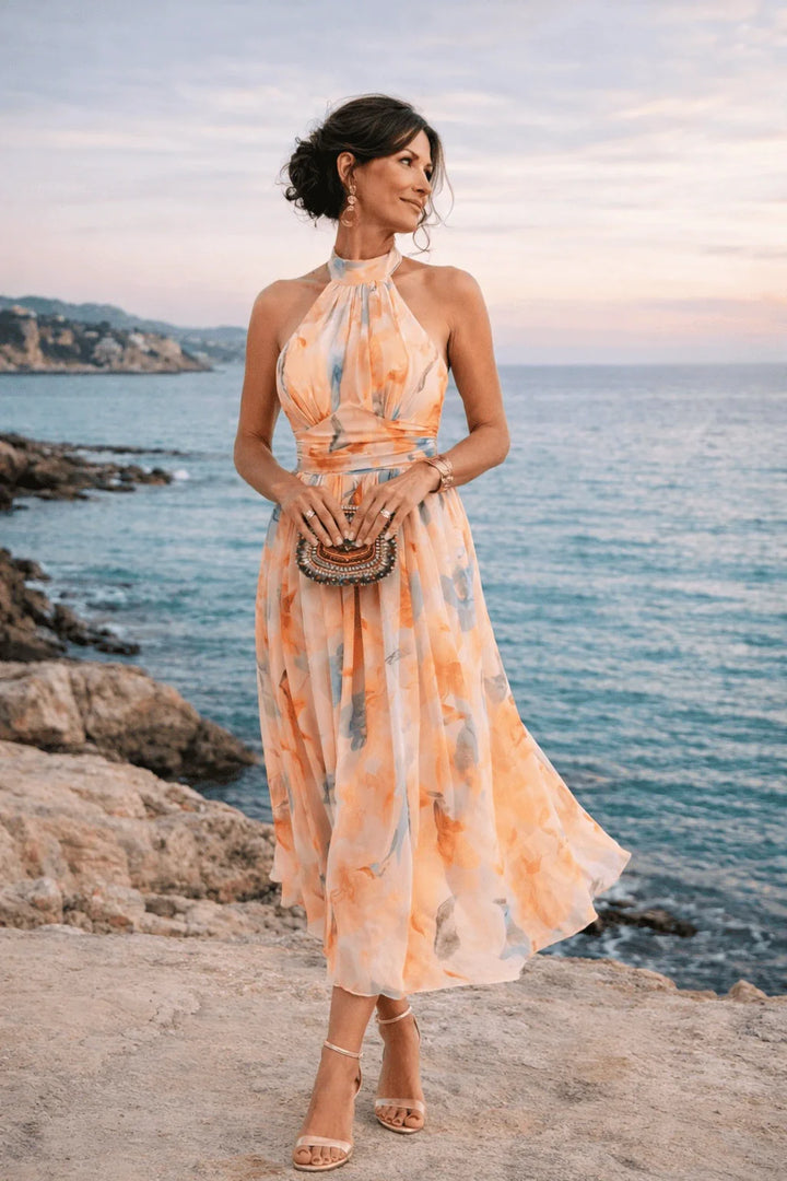 Aurore | Halter Neck Dress with Watercolour Print