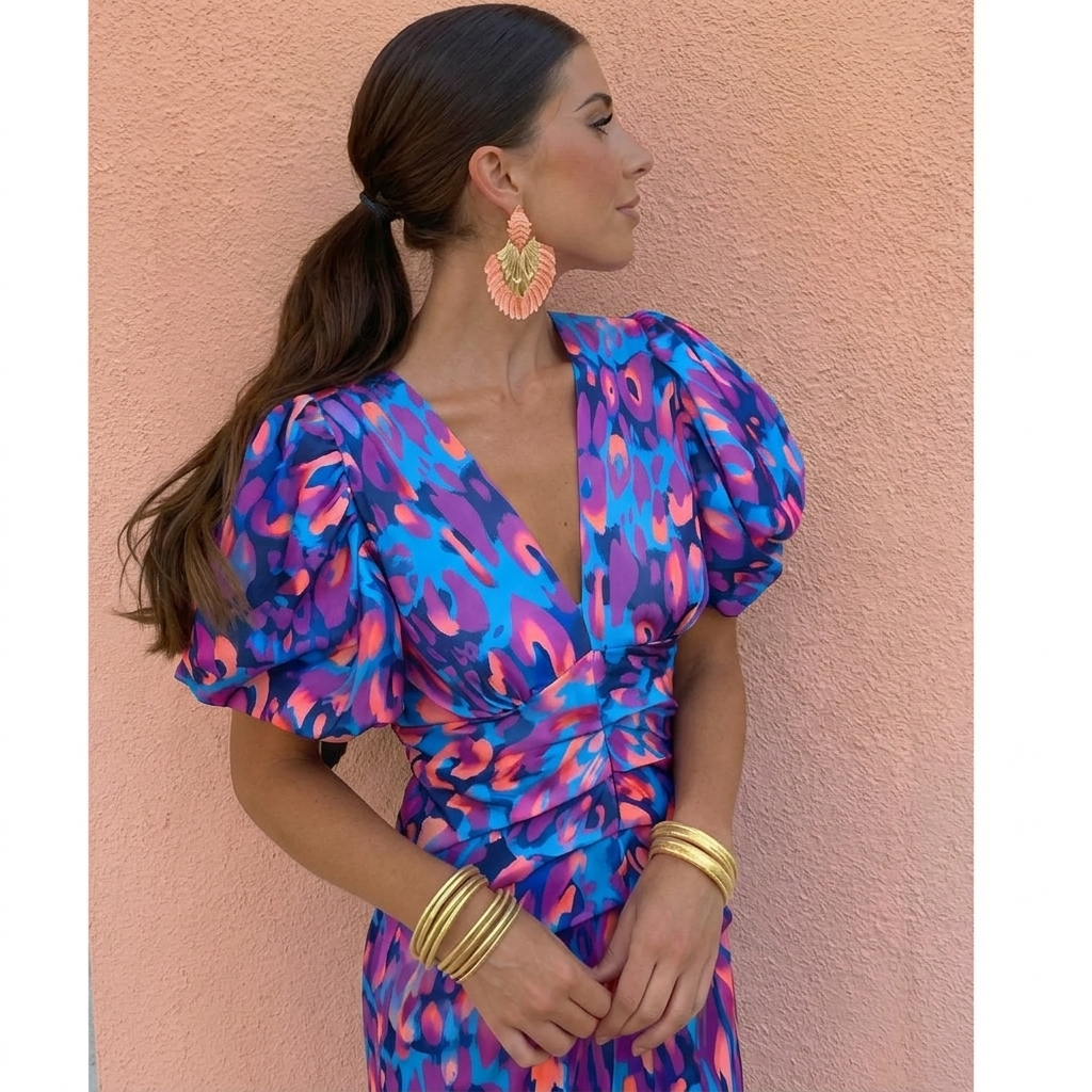 Juliette | Puff Sleeve Print Midi Dress