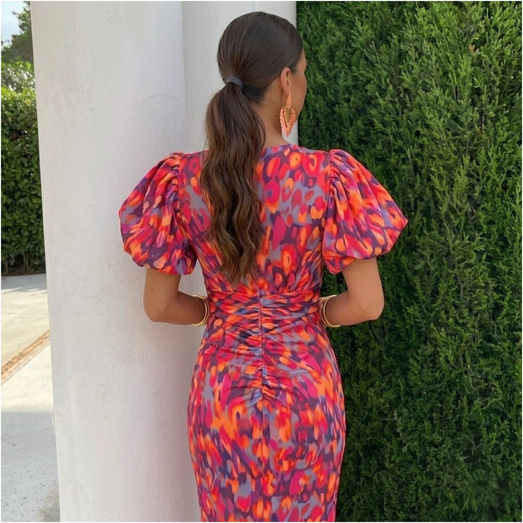 Juliette | Puff Sleeve Print Midi Dress