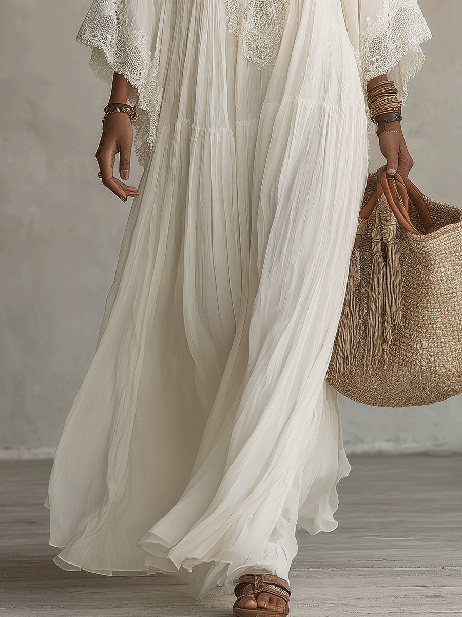 Adelaida | Lace-Trim Batwing Chiffon Maxi Dress