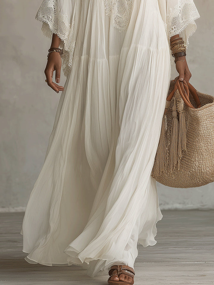 Adelaida | Lace-Trim Batwing Chiffon Maxi Dress