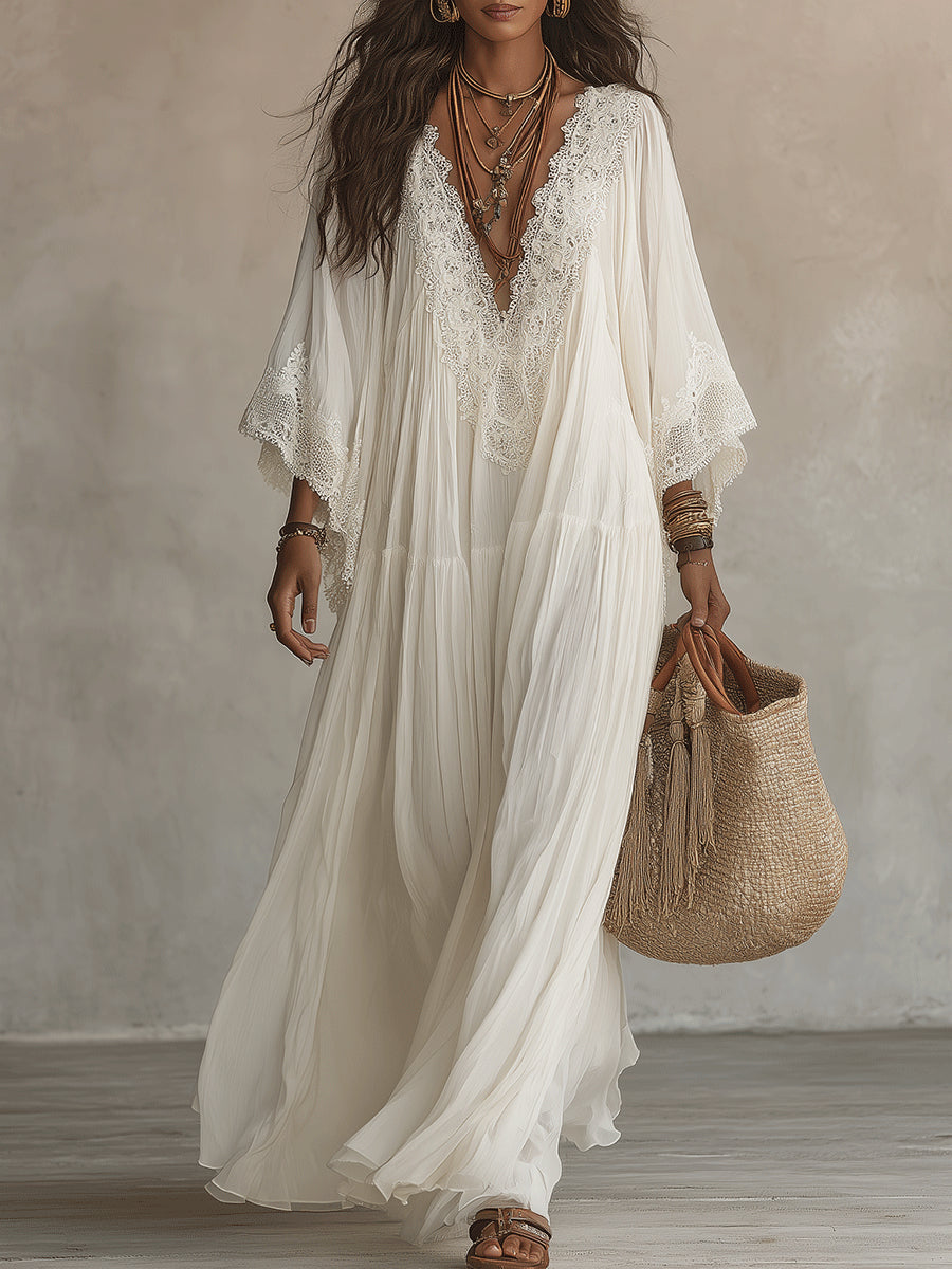 Adelaida | Lace-Trim Batwing Chiffon Maxi Dress
