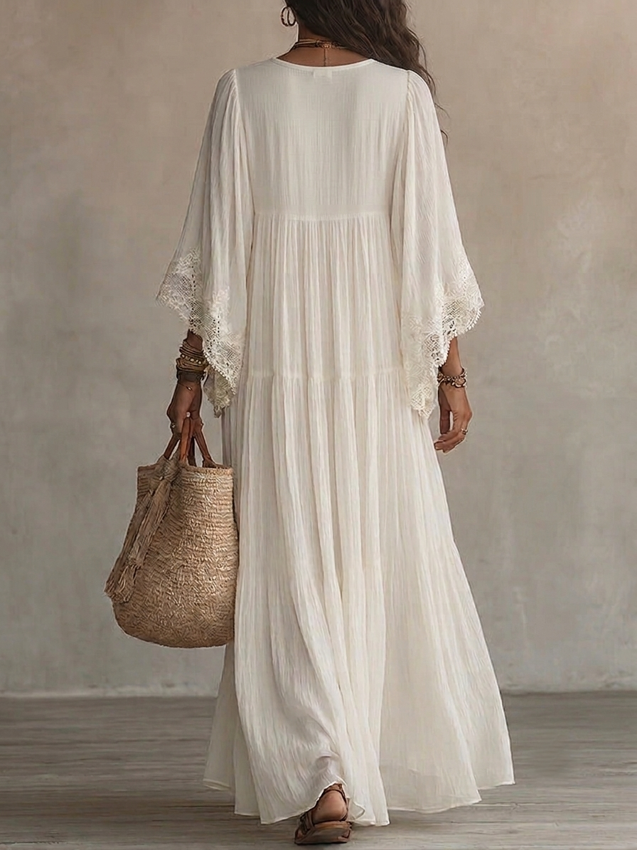 Adelaida | Lace-Trim Batwing Chiffon Maxi Dress