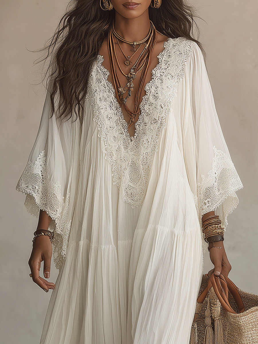 Adelaida | Lace-Trim Batwing Chiffon Maxi Dress