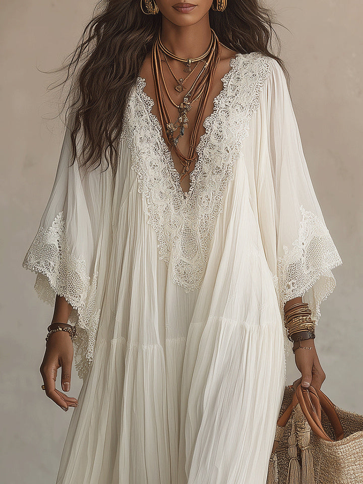 Adelaida | Lace-Trim Batwing Chiffon Maxi Dress