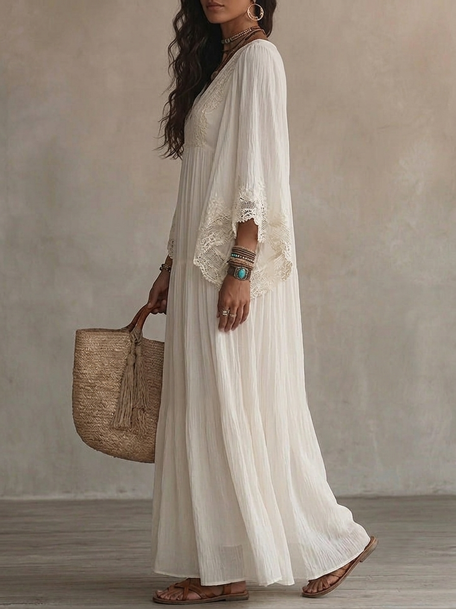 Adelaida | Lace-Trim Batwing Chiffon Maxi Dress