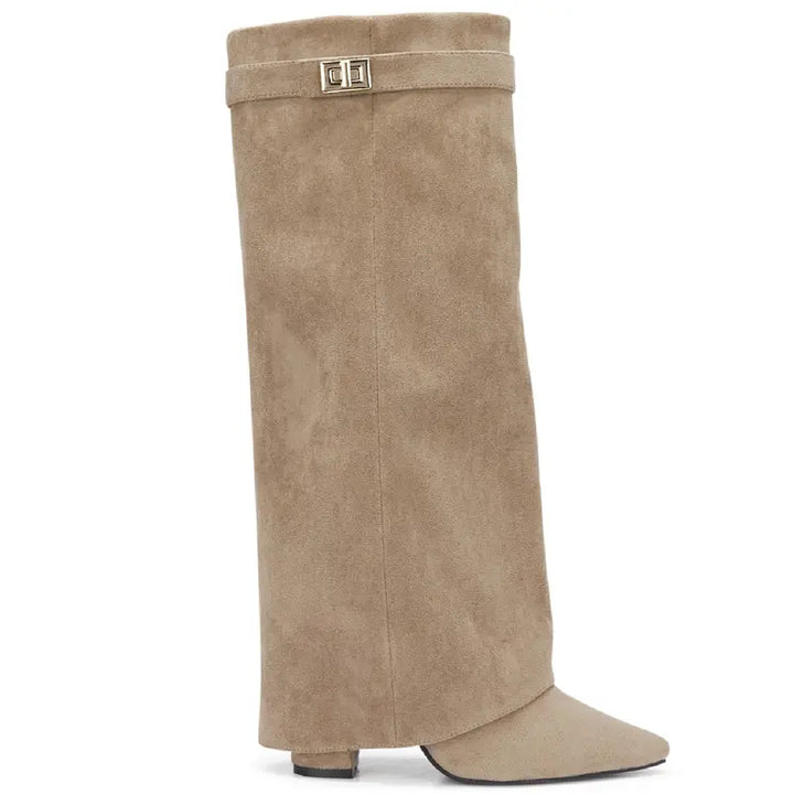 SARAH™ - 4-Inch Heel Suede Long Heeled Fold-Over Buckle Boots for Women Stylish Walking Shoes