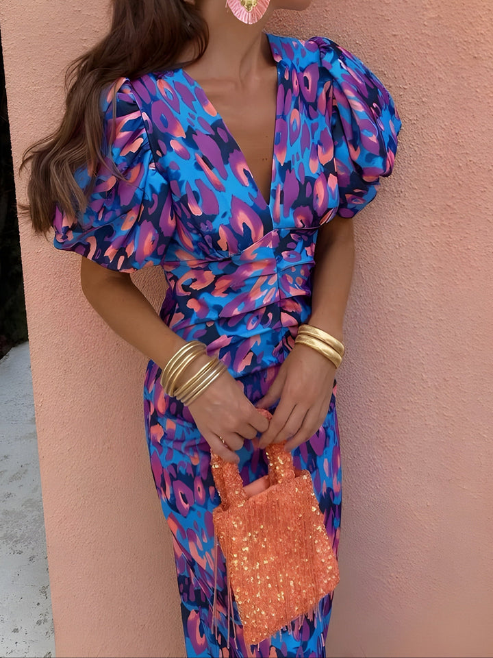 Juliette | Puff Sleeve Print Midi Dress