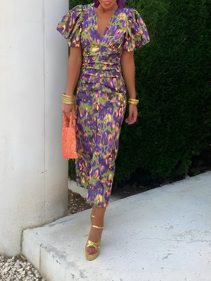Juliette | Puff Sleeve Print Midi Dress